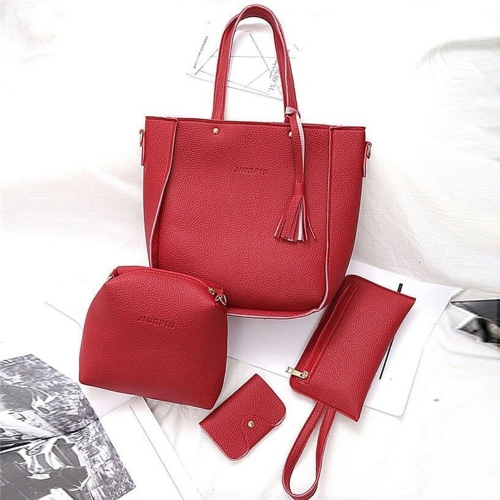 New Red Shoulder Bag Soft Purse 4 Pcs Set Wallet
